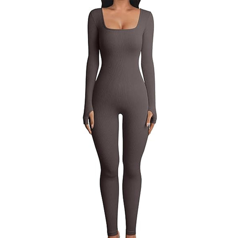 Women'S Yoga Sports Fitness Jumpsuit Workout Long Sleeve Square Collar Clothing