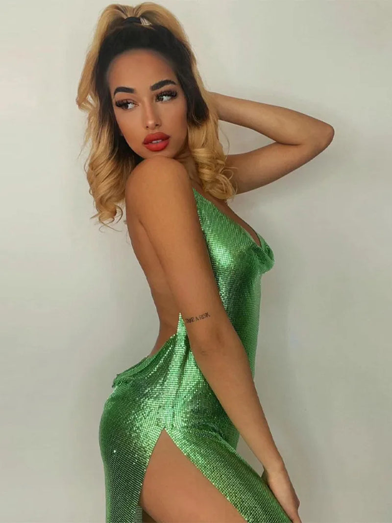 Sexy Sparkly Dress Halter V Neck Cami Mini Bodycon Club Party Dress Glitter Sleeveless High Slit Dress