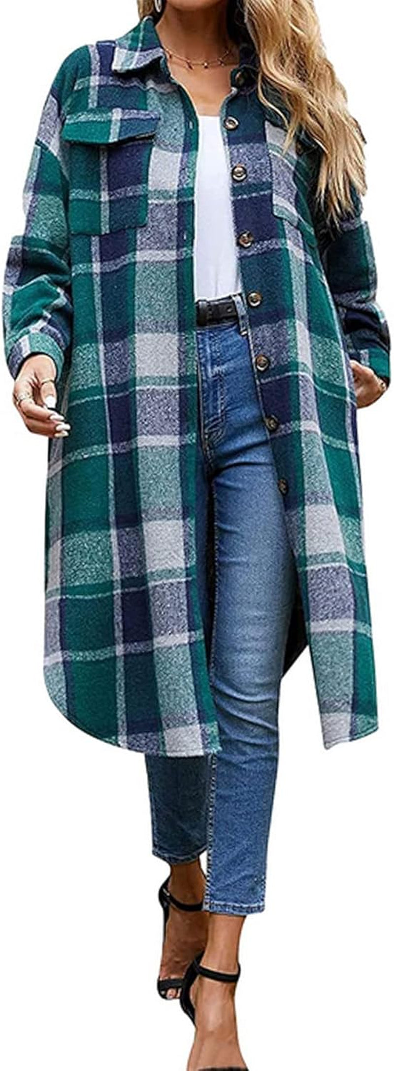 Women'S Casual Wool Blend Long Plaid Shirt Jacket Button down Pocketed Shirt Shacket